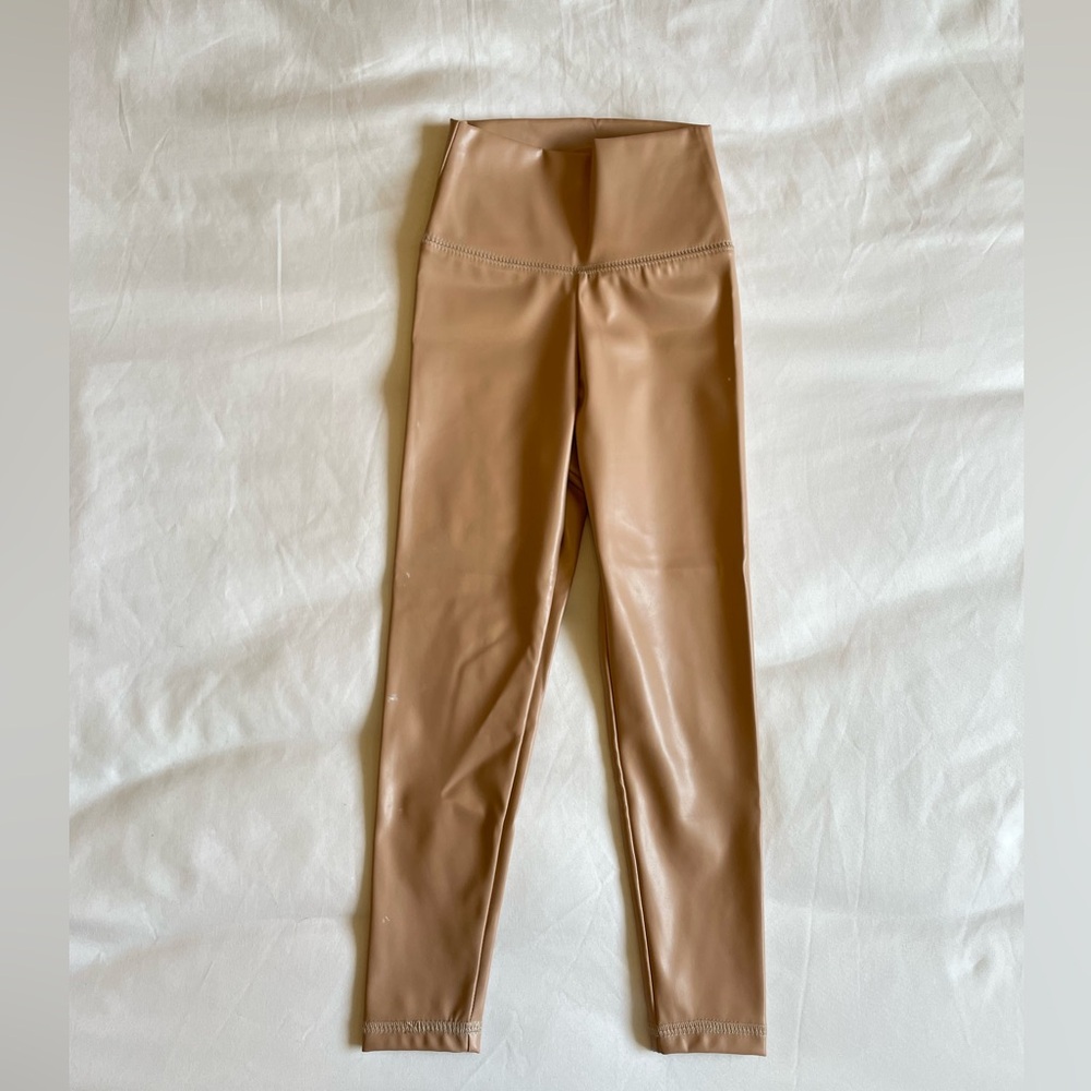 Yoga Clothing Kids High-Waist Faux Leather Leggings - Tan